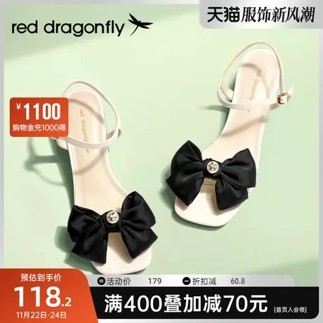 红蜻蜓凉鞋女款秋季新款蝴蝶结一字带粗跟法式仙女风时装外穿女鞋图片