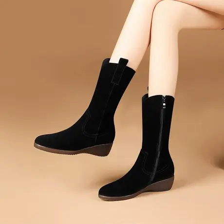 真皮中筒靴女秋冬季靴子2023年新款中跟牛磨砂皮短靴舒适坡跟女靴商品大图