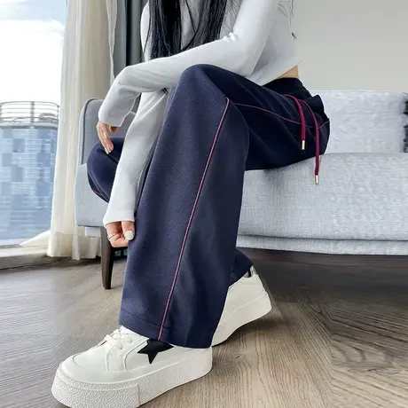 蓝色阔腿裤女2024年春秋新款高腰垂感宽松直筒休闲拖地卫裤香蕉裤商品大图