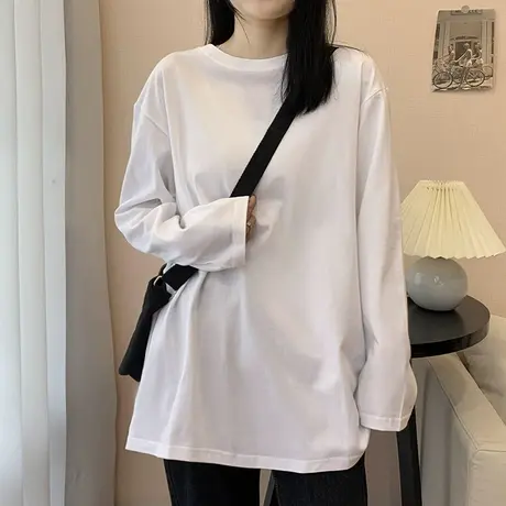 白色长袖t恤女装ins潮2024年新款韩版宽松早春秋上衣服内搭打底衫商品大图