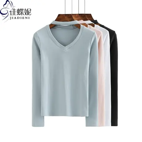 春秋季新款纯白V领修身体恤长袖打底内搭显瘦韩版女装上衣T恤简约商品大图