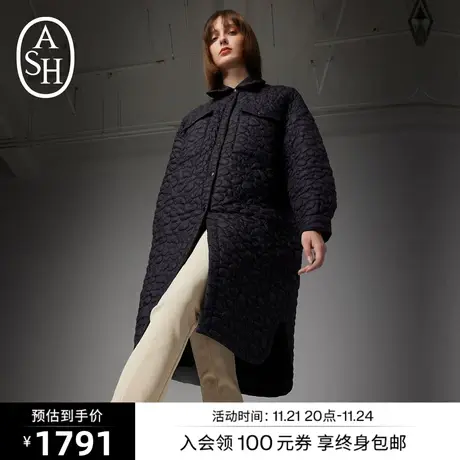 ASH女装冬季新款宽松连帽长袖上衣压花工艺加厚长款棉服外套图片