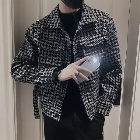 秋冬季潮牌千鸟格毛呢夹克男工装口袋个性痞帅高级感短款呢子外套商品大图