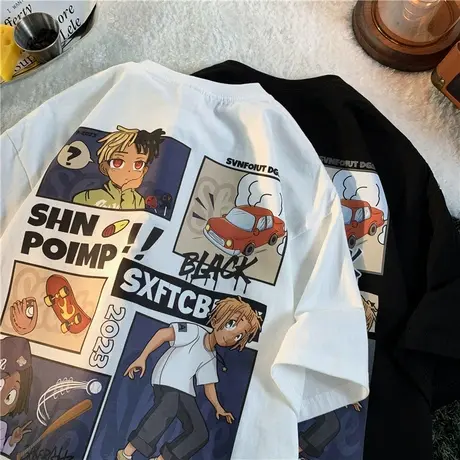 潮流纯棉宽松卡通印花短袖T恤男夏季半袖美式vintage复古港风体恤商品大图