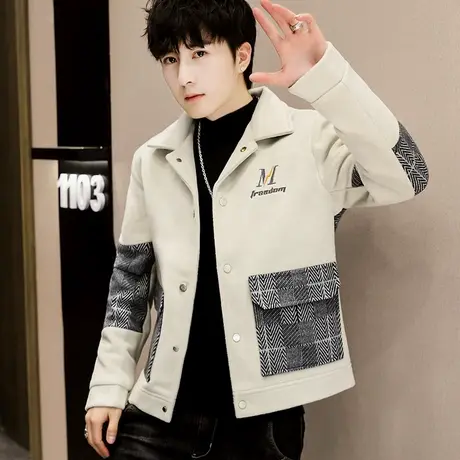 秋冬季潮牌短款毛呢子外套男士韩版时尚帅气英伦翻领夹克加厚冬装商品大图