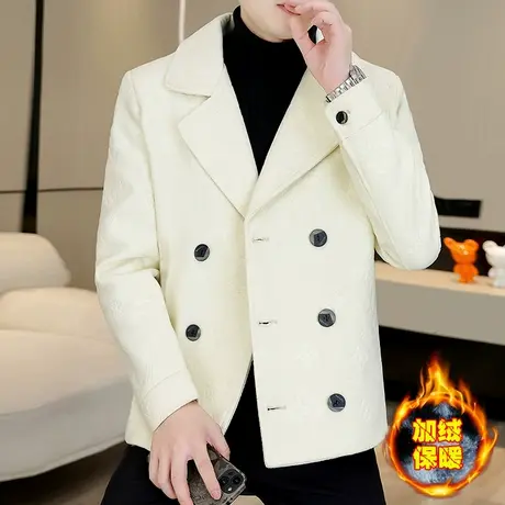 高级感加绒加厚呢子风衣冬季男士休闲西装领双排扣毛呢大衣外套潮图片