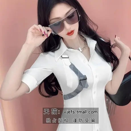 VJE欧美帅气格纹拼接上衣新款时尚白色短袖修身显瘦衬衫图片