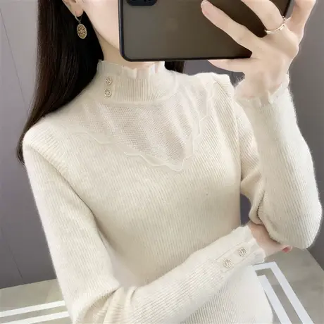 洋气蕾丝半高领毛衣打底衫女秋冬内搭女士修身百搭针织衫中领上衣图片