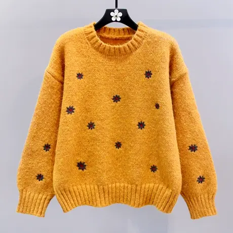 日系甜美刺绣套头毛衣女冬季2023新款宽松慵懒风加厚针织打底上衣商品大图
