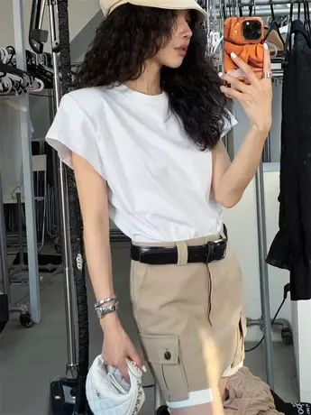 韩国2023春夏新款韩版宽松百搭设计感飞飞袖纯色垫肩短袖T恤女潮商品大图