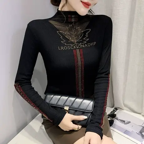 半高领加绒打底衫女秋冬性感网纱镂空上衣欧货时尚烫钻T恤女长袖商品大图