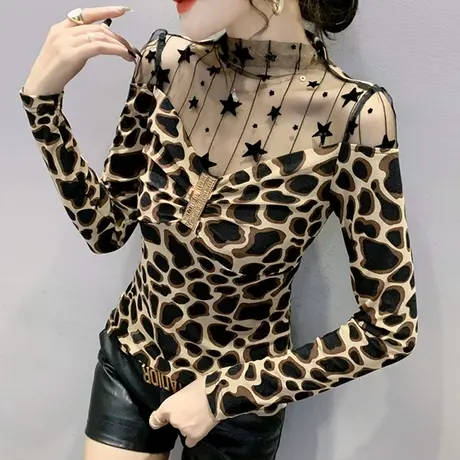 2024春秋新款性感网纱豹纹T恤女长袖时尚心机镂空上衣显瘦小衫ins商品大图