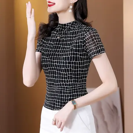 气质网纱短袖T恤女2024夏季新款年轻减龄妈妈上衣设计感印花小衫图片