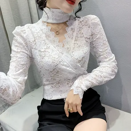 性感镂空蕾丝上衣女欧货2024新款洋气高领打底衫春秋显瘦修身长袖图片
