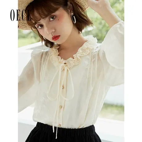 Oece气质白色衬衣秋装新款女法式花边领仙女长袖衬衫商品大图