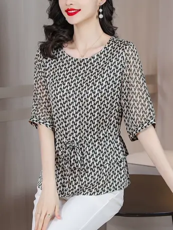 收腰雪纺衫女夏季2023年新款宽松洋气显瘦遮肚子女装时尚洋气小衫图片