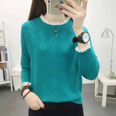 圆领蕾丝时尚女士毛衣2023年春装新款针织衫内搭宽松洋气打底衫女商品大图