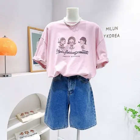 韩国东大门中长款上衣2023夏款复古美式粉色半袖T恤欧货宽松大版图片