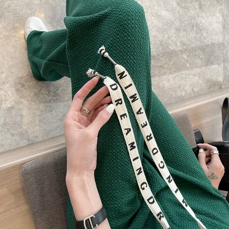 绿色阔腿裤女春季薄款高腰垂感宽松直筒休闲显瘦泡芙格冰丝拖地裤商品大图