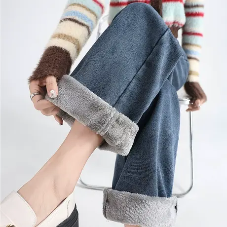 设计感阔腿牛仔裤女2023秋冬新款爆款高腰显瘦加绒修身网红直筒裤图片