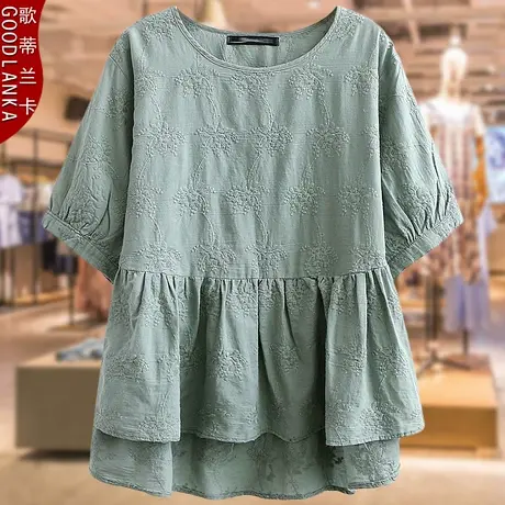 中年妈妈夏装纯棉上衣2022新款大码宽松洋气遮肚减龄刺绣短袖T恤商品大图