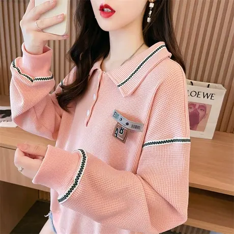 早秋polo领卫衣女2023新款春秋韩版宽松薄款小个子华夫格上衣外套商品大图