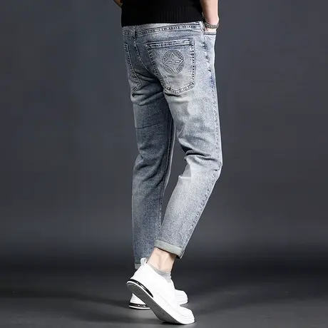 夏季九分牛仔裤男2022年新款修身小脚浅色简约复古男士薄款休闲裤商品大图