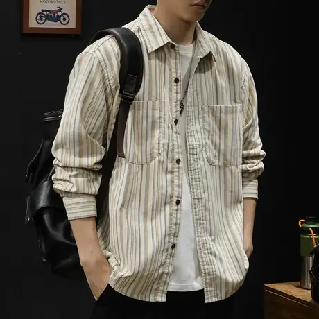 竖条纹衬衫男士春秋衬衣长袖休闲外套春季2024新款衬衫男美式复古商品大图