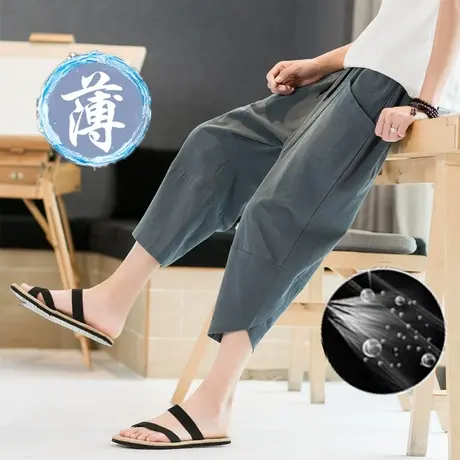 夏季中国风棉麻七分裤复古阔腿裤马裤大码休闲中国风亚麻短裤男商品大图