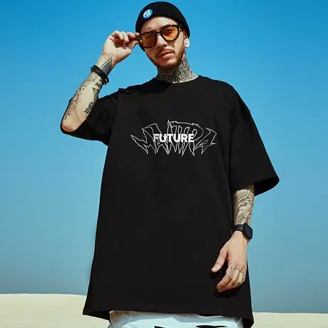 oversize国潮简约t恤胖子男潮ins短袖潮牌宽松夏季大码五分半截袖商品大图