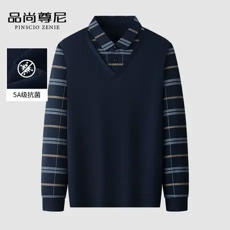 【5A抗菌】老年人秋装男爷爷装假两件长袖T恤衫撞色格纹爸爸上衣商品大图