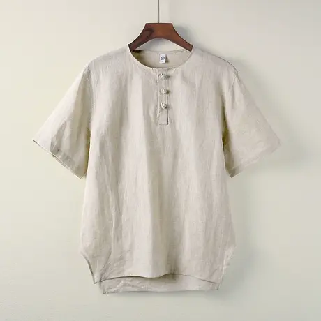 纯亚麻中国风夏男短袖圆领T恤棉麻半截袖简约复古打底衫休闲体恤图片