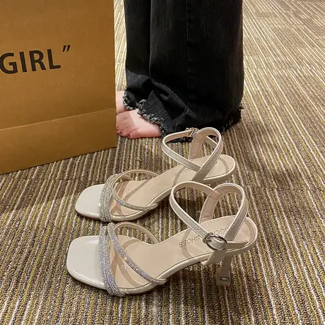 气质小高跟鞋女2024年新款黑色名媛细跟女鞋水钻一字带凉鞋女夏季图片