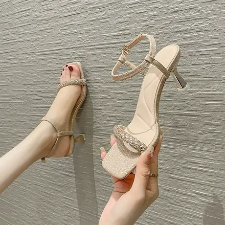 夏季凉鞋女细跟2024年新款设计感小众水钻一字带高跟鞋露趾仙女风商品大图
