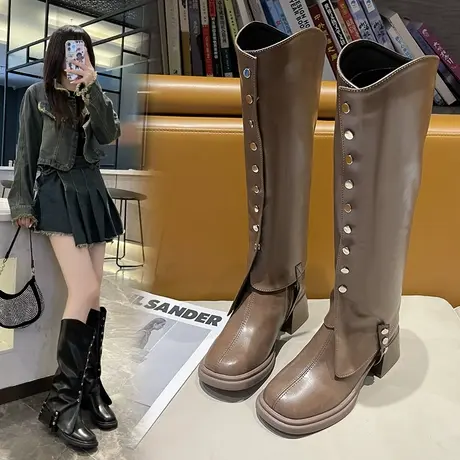 小众设计款高筒靴女骑士靴方头粗跟中跟松糕厚底马丁靴潮流时装靴商品大图