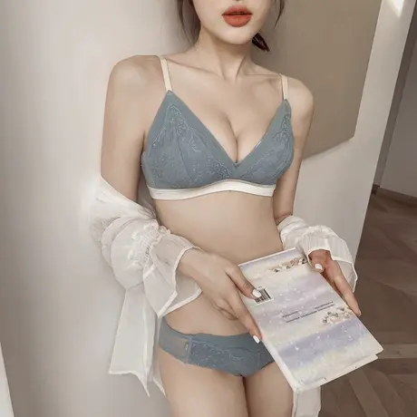 荷韵阁法式内衣春夏薄款聚拢大胸显小柔软透气蕾丝少女文胸无钢圈商品大图