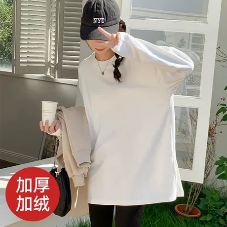 白色打底衫女秋冬加绒中长款t恤卫衣内搭遮屁股加厚德绒宽松上衣商品大图