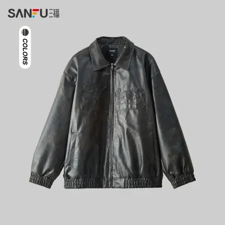 三福2023冬男士潮流字母PU皮夹克 街头净色时尚翻领外套479553图片