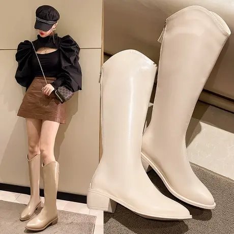 靴子女春秋冬季加绒长靴女粗跟尖头高筒靴显瘦长筒靴骑士靴瘦瘦靴商品大图