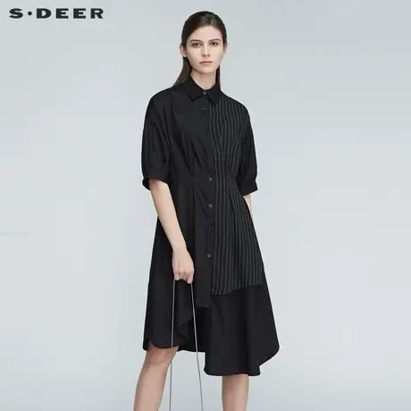sdeer圣迪奥女装春秋装翻领条纹拼接不规则设计连衣裙S21161212图片