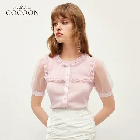 missCOCOON气质上衣女夏2023新款浪漫花边甜美珍珠显瘦泡泡袖衬衫商品大图