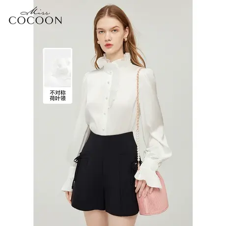 【秋上新】missCOCOON法式立领缎面衬衫女23秋新款复古荷叶边上衣图片