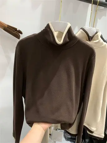 欧货磨毛半高领德绒长袖T恤女2023冬季新款加厚假两件打底衫上衣图片