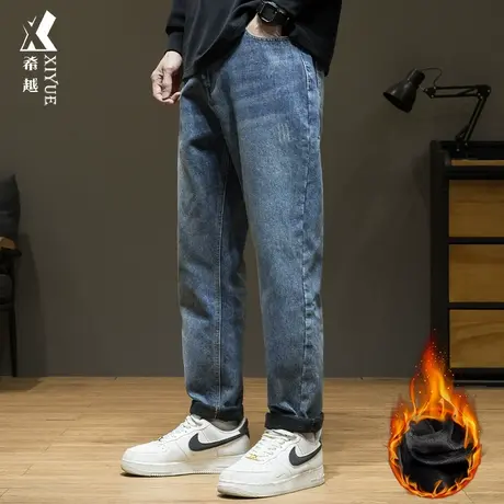 希越超柔绒春季男士直筒牛仔裤加绒加厚宽松大码特大码休闲长裤子商品大图