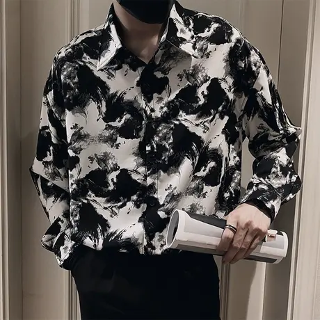 长袖花衬衫男春秋季垂感水墨扎染宽松休闲发型师花色潮流痞帅衬衣商品大图