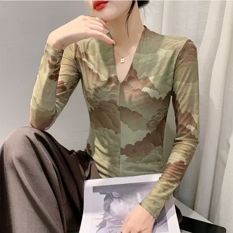 欧货性感V领打底衫女网纱长袖气质扎染印花上衣透气内搭修身T恤潮商品大图