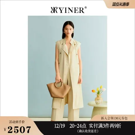 YINER音儿女装秋季双排扣西装领风衣长款绵羊毛外套商品大图