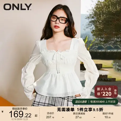ONLY奥莱夏季法式泡泡袖系带方领纯色雪纺衫女图片