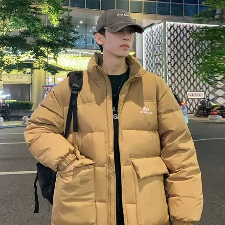 唐狮2023冬新款羽绒服男短款立领面包服印花口袋加厚外套学生潮wp图片
