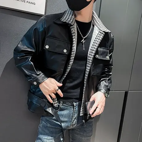 秋季时尚休闲拼接假两件潮牌潮流机车夹克男皮衣原宿ins个性外套商品大图